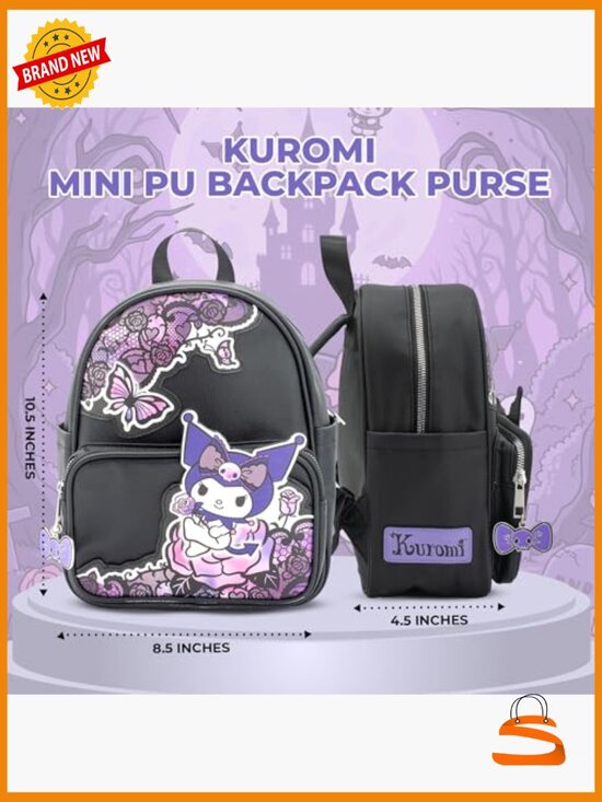 Kuromi Mini PU Backpack, Kawaii Shoulder Bag with Skull Charm, 10.5 Inch Anime main image 7